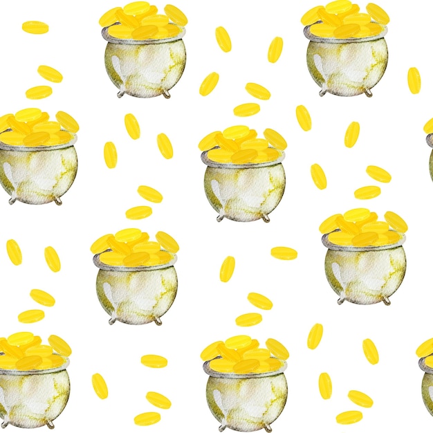 Pot of coins watercolor seamless pattern