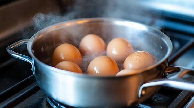 Photo a pot of eggs cooking on a stove with a pot of boiling water