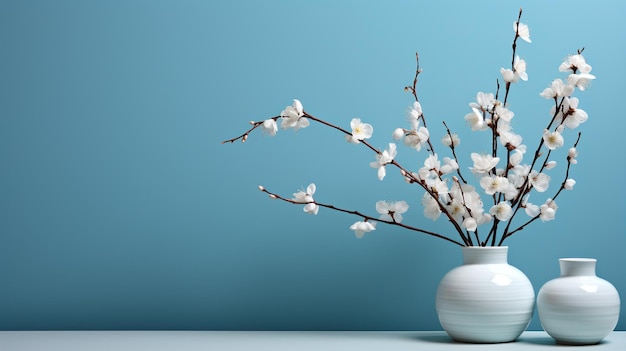 Pot of flowers on a blue background minimalistic decoration