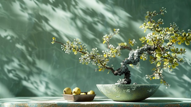 a pot of flowers and a bowl of fruit on a table