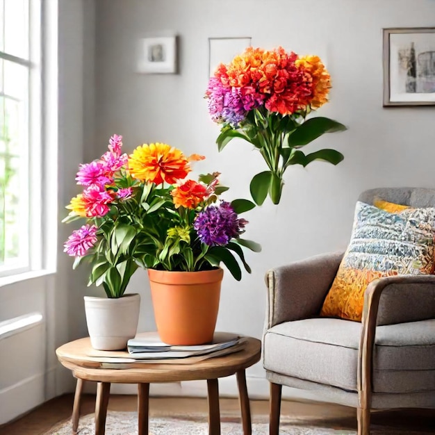 Photo a pot of flowers sits on a table next to a couch