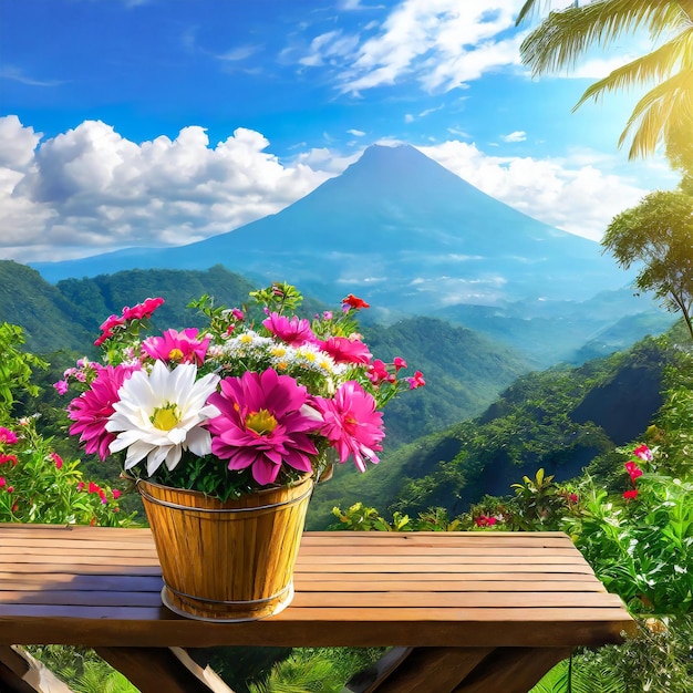 a pot of flowers sits on a table with a mountain in the background