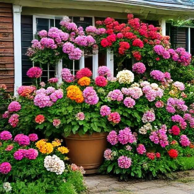 a pot of flowers that is outside with the house in the background