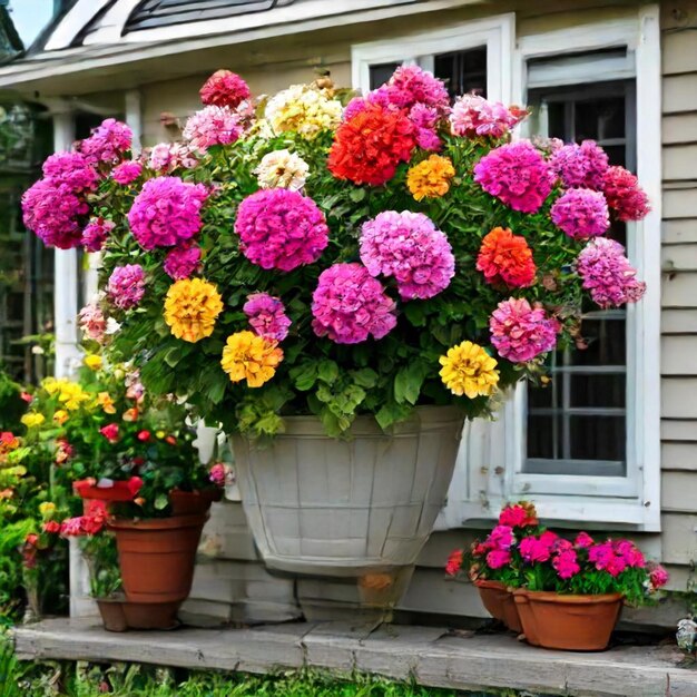 a pot of flowers that is outside with a window in the background