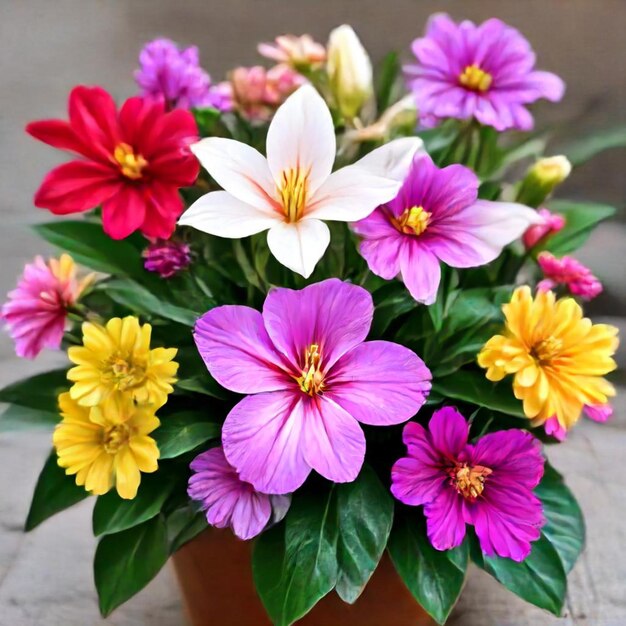 a pot of flowers with a purple and white flower in it