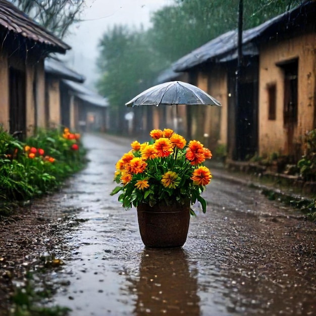 a pot of flowers with an umbrella on the ground in the rain