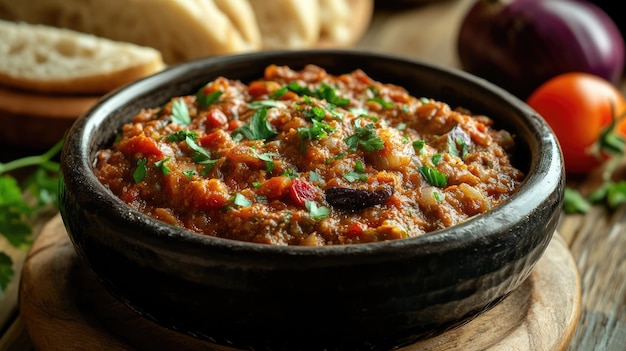 a pot of food with bread and vegetables on the side