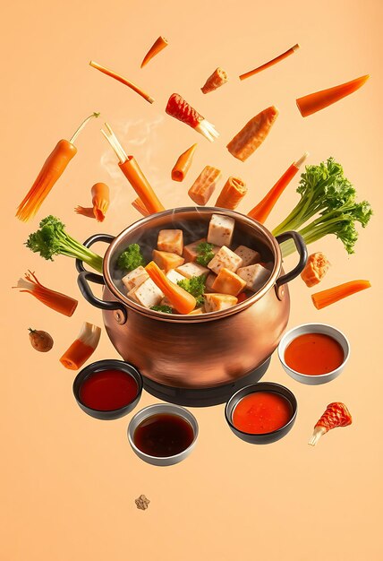 Photo a pot of food with carrots and broccoli on it