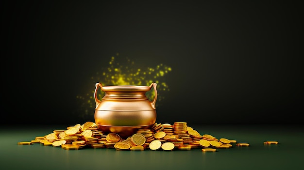 Pot and Gold Coins for Dhanteras Celebration in Decorated Background 3d render akshaya tritiya