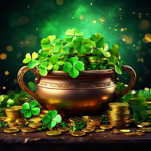 a pot of gold coins with a green leaf clover on it