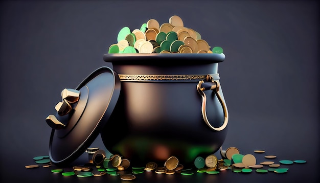 A pot of gold coins with the word gold on it