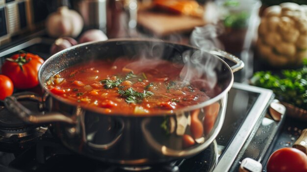 A pot of hearty soup boiling on a stovetop with fresh ingredients nearby