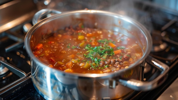 A pot of homemade soup simmering on a stovetop filling the kitchen with comforting aromas