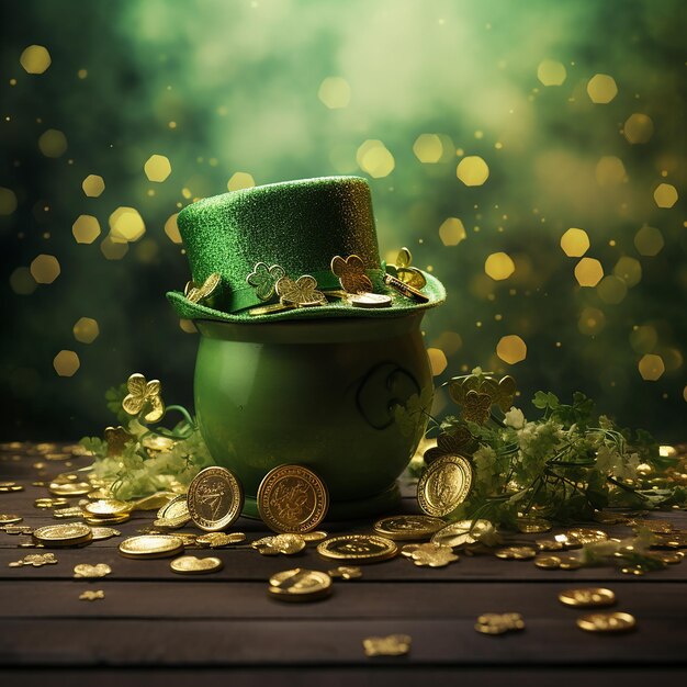 a pot of money with a green hat on it and gold coins on the table