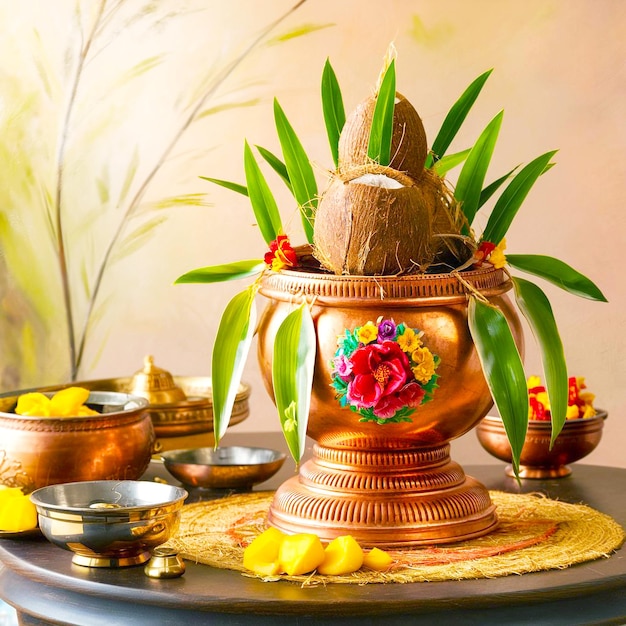 Photo a pot of pineapples sits on a table with other pots and pans