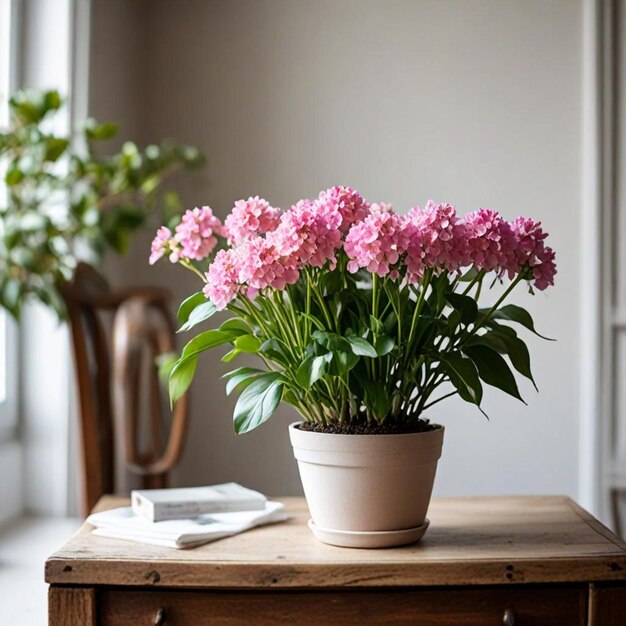 a pot of pink flowers sits on a table next to a white wall