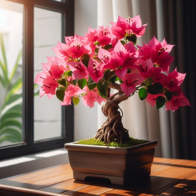 Photo a pot of pink flowers on a table next to a window