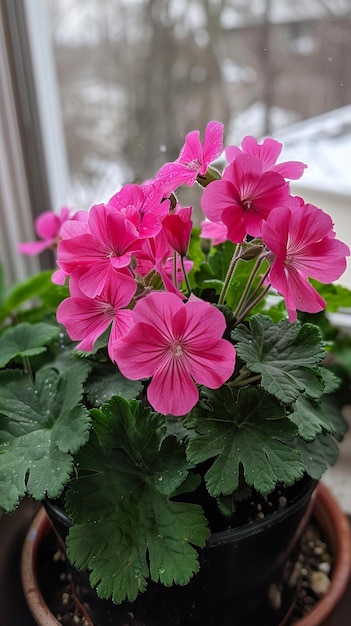 Photo a pot of pink flowers with green leaves and pink flowers