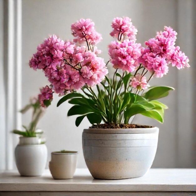 a pot of pink flowers with the word geranium on it