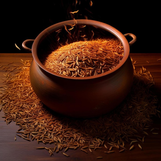 a pot of rice is filled with grains of wheat.