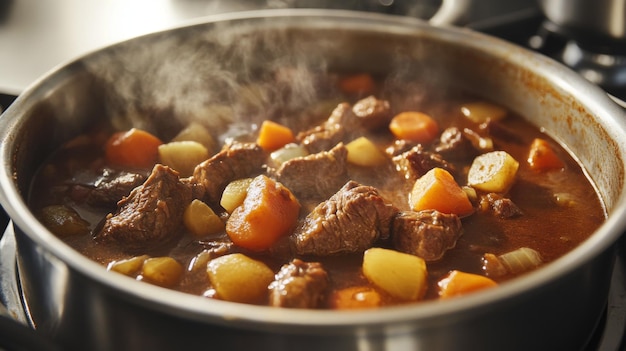 A pot of rich savory beef stew with tender meat and root vegetables cooking on the stovetop with steam escaping showcasing the comforting and hearty nature of the dish