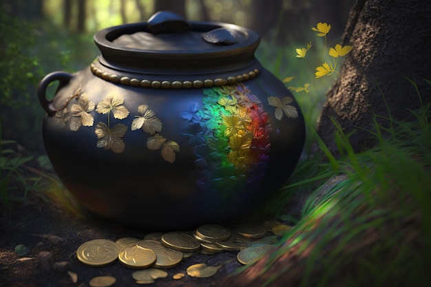 A pot of shiny gold coins in a mystical green forest