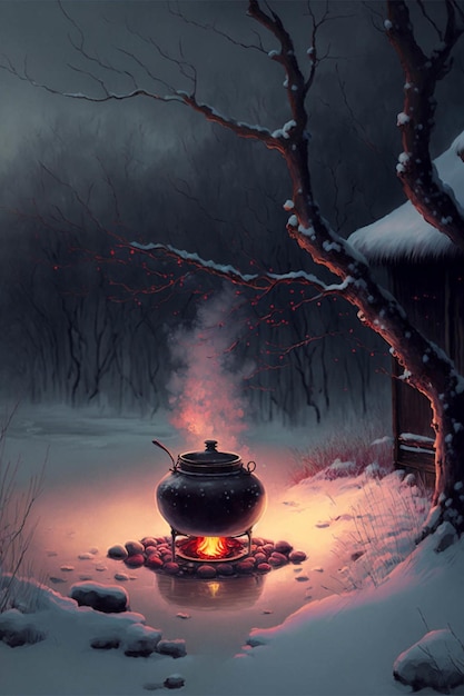 Pot sitting on top of a fire in the snow generative ai