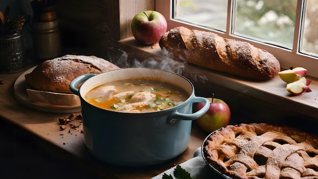 a pot of soup next to a pan of bread and apples