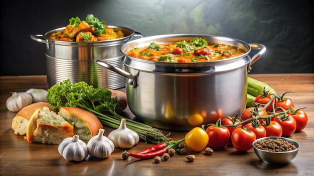 a pot of soup with a bunch of vegetables on a table