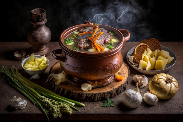 Pot of soup with meat and vegetables on wooden table with smoke coming out of it Generative AI