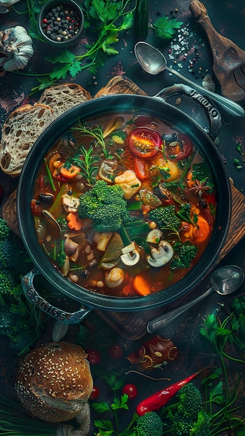 a pot of soup with a piece of bread and vegetables