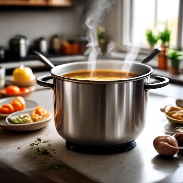 a pot of soup with a pot of soup on the stove