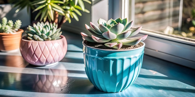 Photo a pot of succulents sits on a wooden table