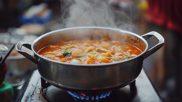 A pot of tom yum soup bubbling away on a portable gas stove with the spicy aroma wafting through the air and whetting the appetite