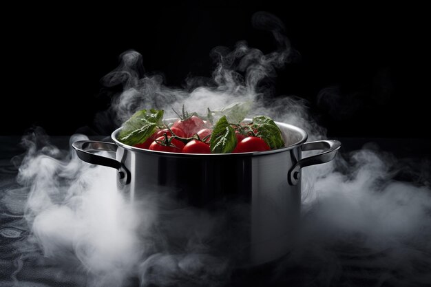 A pot of tomato sauce with visible steam rising