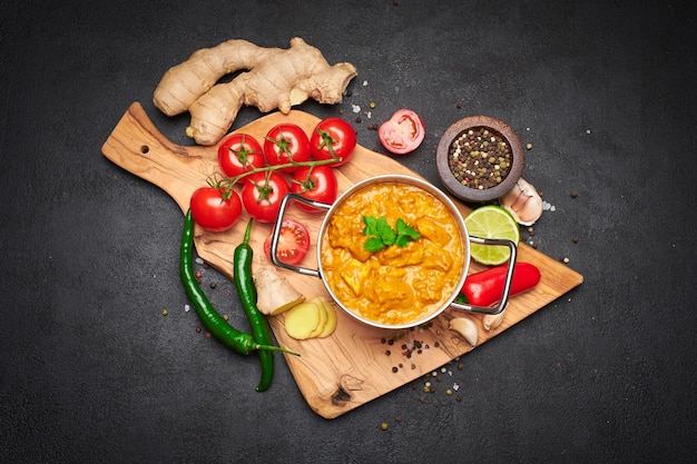 Pot of traditional chicken curry and spices on wooden servig cutting board