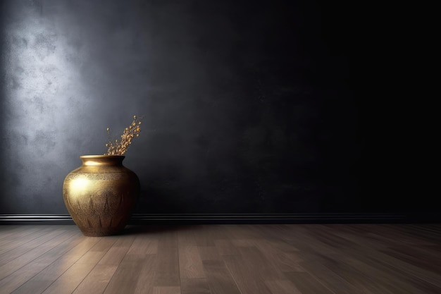 A pot with a black background and a black wall behind it.