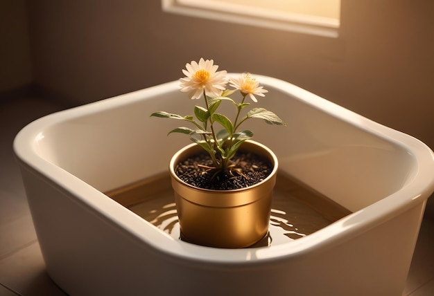 a pot with flowers in it is sitting on a white tray