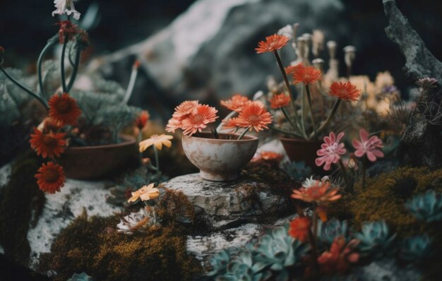 a pot with flowers on it and a small pot with the word on it