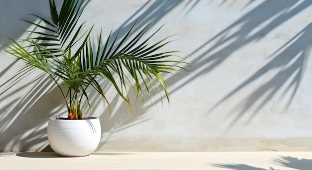 Pot with a palm tree in the office against the wall minimalism in the interior AI generated