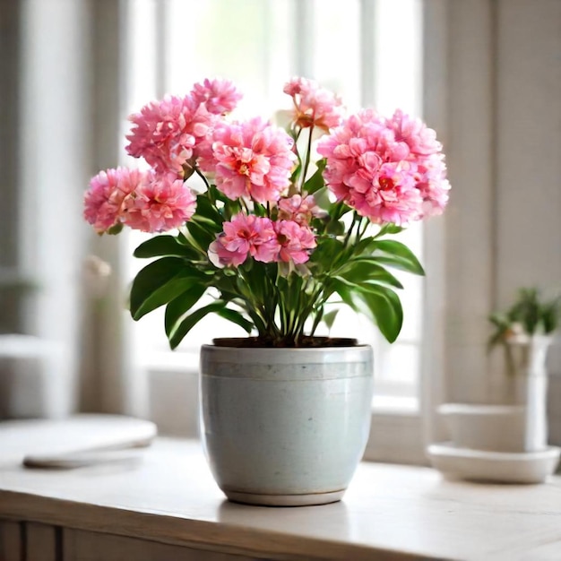 a pot with pink flowers on a table and a window behind it