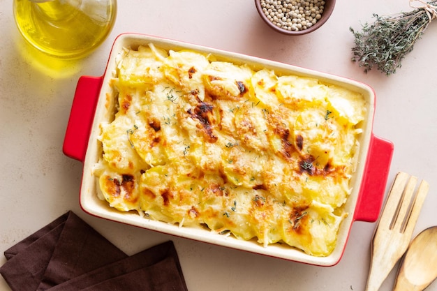 Potato casserole with cheese and cream Vegetarian food French food Gratin dauphinois