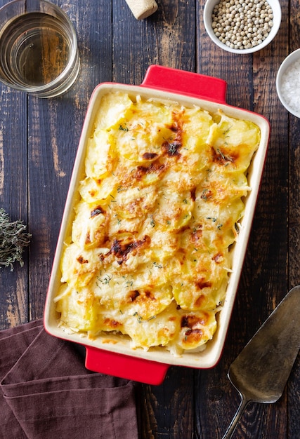 Potato casserole with cheese and cream Vegetarian food French food Gratin dauphinois