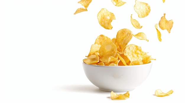 potato chips in the air fall in a bowl isolated on white background potato chips