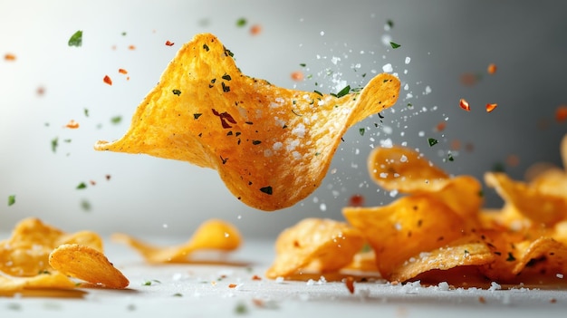 Potato chips are airborne as seasoning is scattered in a kitchen environment creating a dynamic culinary moment