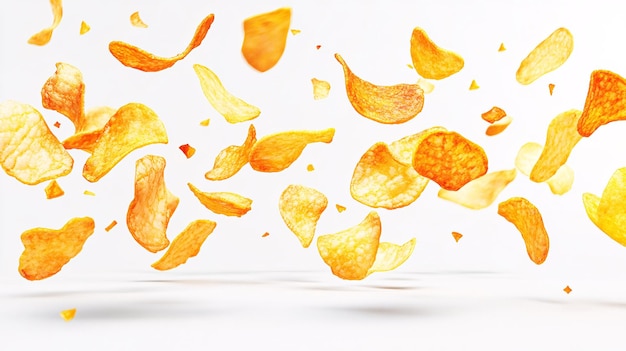 Potato chips are falling down on white background