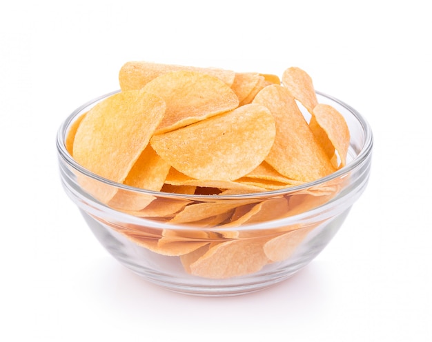 Potato chips in bowl  isolated on white background