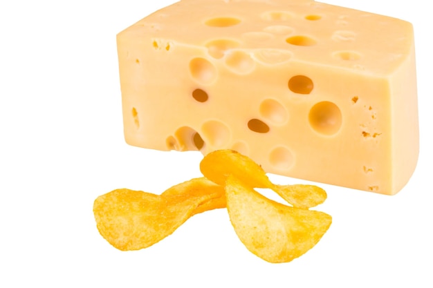 Potato chips and cheese isolated on a white background.