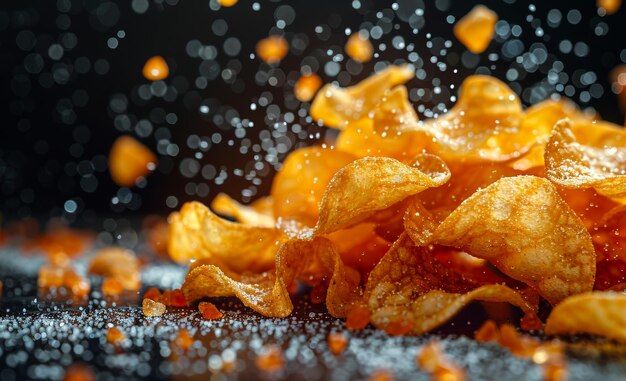 Photo potato chips falling on black surface