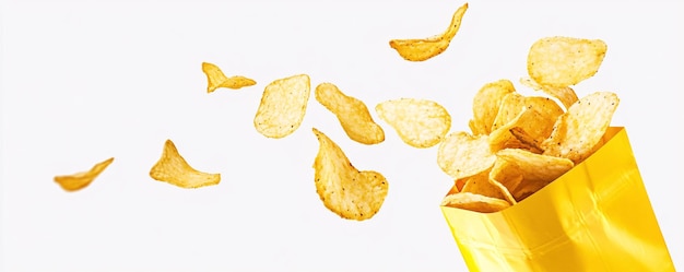 Potato chips falling into yellow bag on white background